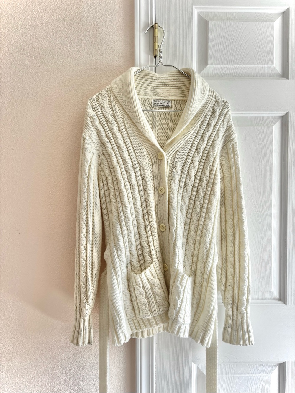 Vintage Cream Ivory Cable Knit Cardigan Sweater Pockets Collar M